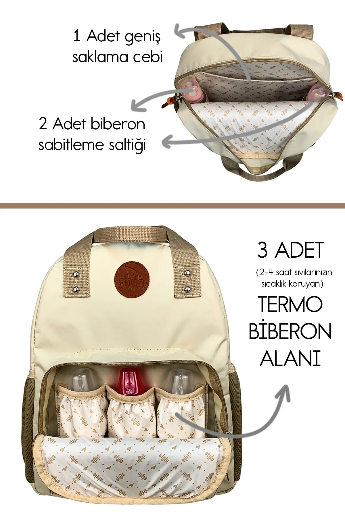 Popi Anne Bebek Bakım ve Sırt Çantası – Termal Biberon Bölmeli Geniş Hacimli ( BEJ )