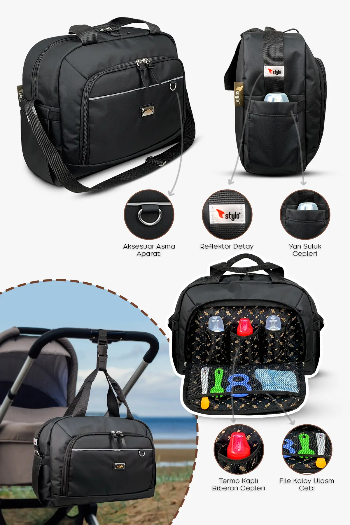 3'lü Set Popi Anne Bebek Bakım Sırt Çantası&Urban Anne Bebek Omuz Çantası ve Termos Çanta-(SIYAH