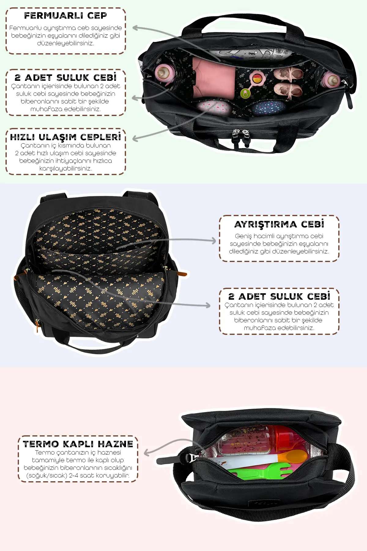 3'lü Set Popi Anne Bebek Bakım Sırt Çantası&Urban Anne Bebek Omuz Çantası ve Termos Çanta-(SIYAH