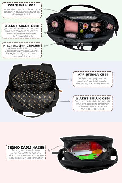 3'lü Set Popi Anne Bebek Bakım Sırt Çantası&Urban Anne Bebek Omuz Çantası ve Termos Çanta-(SIYAH