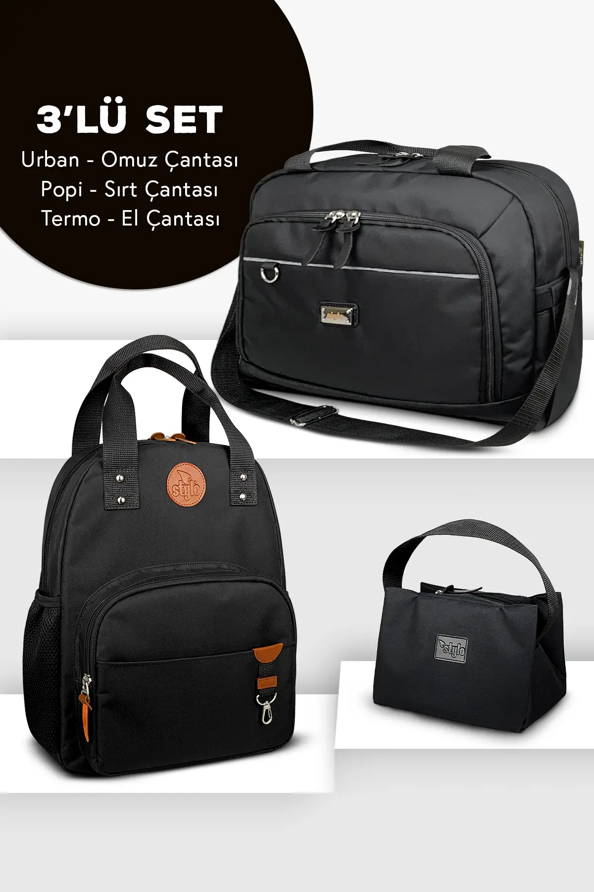 3'lü Set Popi Anne Bebek Bakım Sırt Çantası&Urban Anne Bebek Omuz Çantası ve Termos Çanta-(SIYAH )