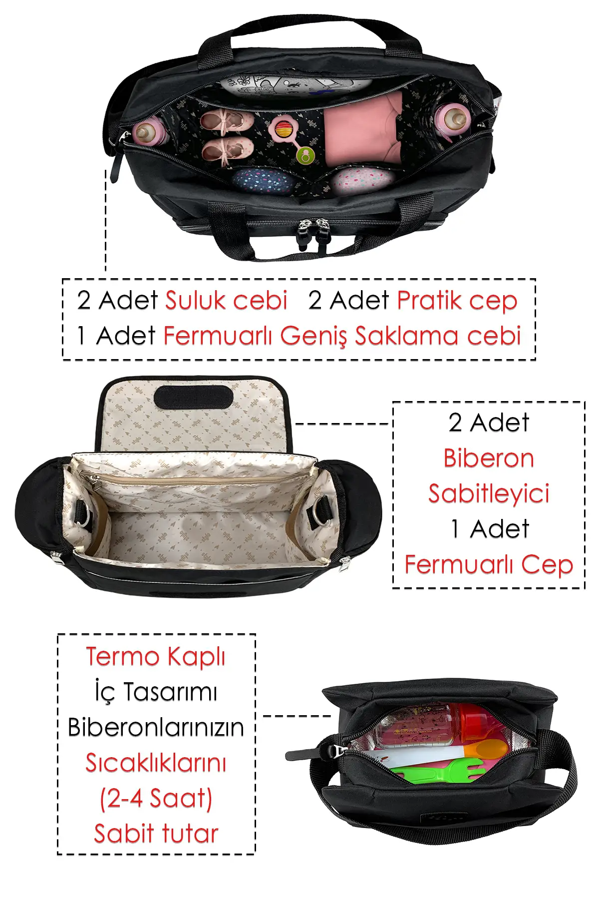 Urban Anne Bebek Bakım Omuz Çantası + X Pro Stroller Bebek Arabası ÇantasıTermos Çanta Hediyeli (SIY