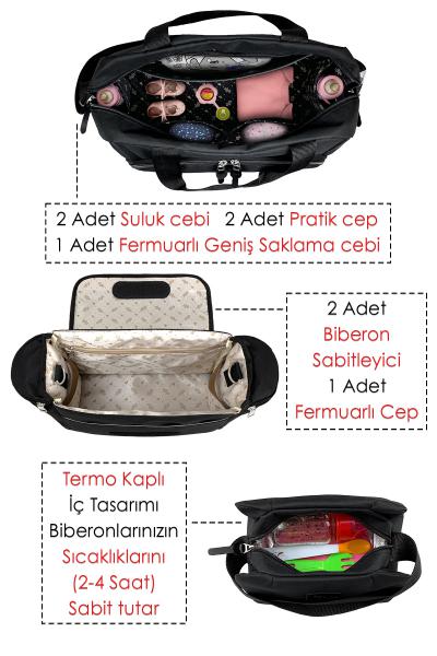 Urban Anne Bebek Bakım Omuz Çantası + X Pro Stroller Bebek Arabası ÇantasıTermos Çanta Hediyeli (SIY