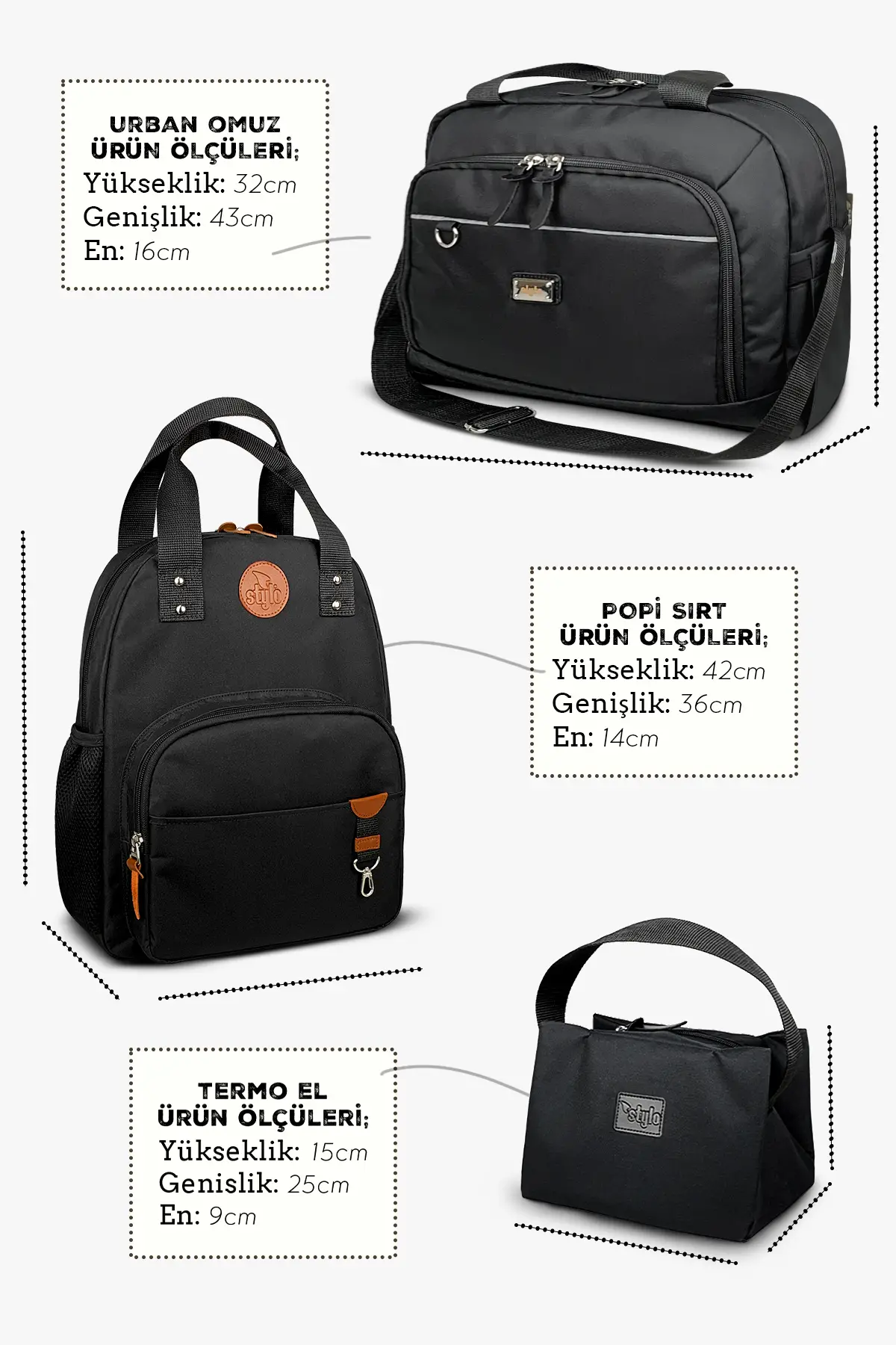 3'lü Set Popi Anne Bebek Bakım Sırt Çantası&Urban Anne Bebek Omuz Çantası ve Termos Çanta-(SIYAH