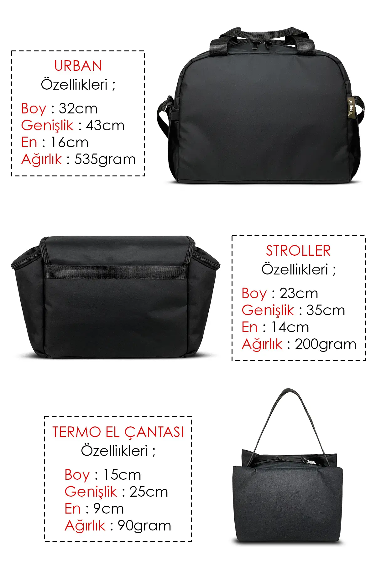 Urban Anne Bebek Bakım Omuz Çantası + X Pro Stroller Bebek Arabası ÇantasıTermos Çanta Hediyeli (SIY