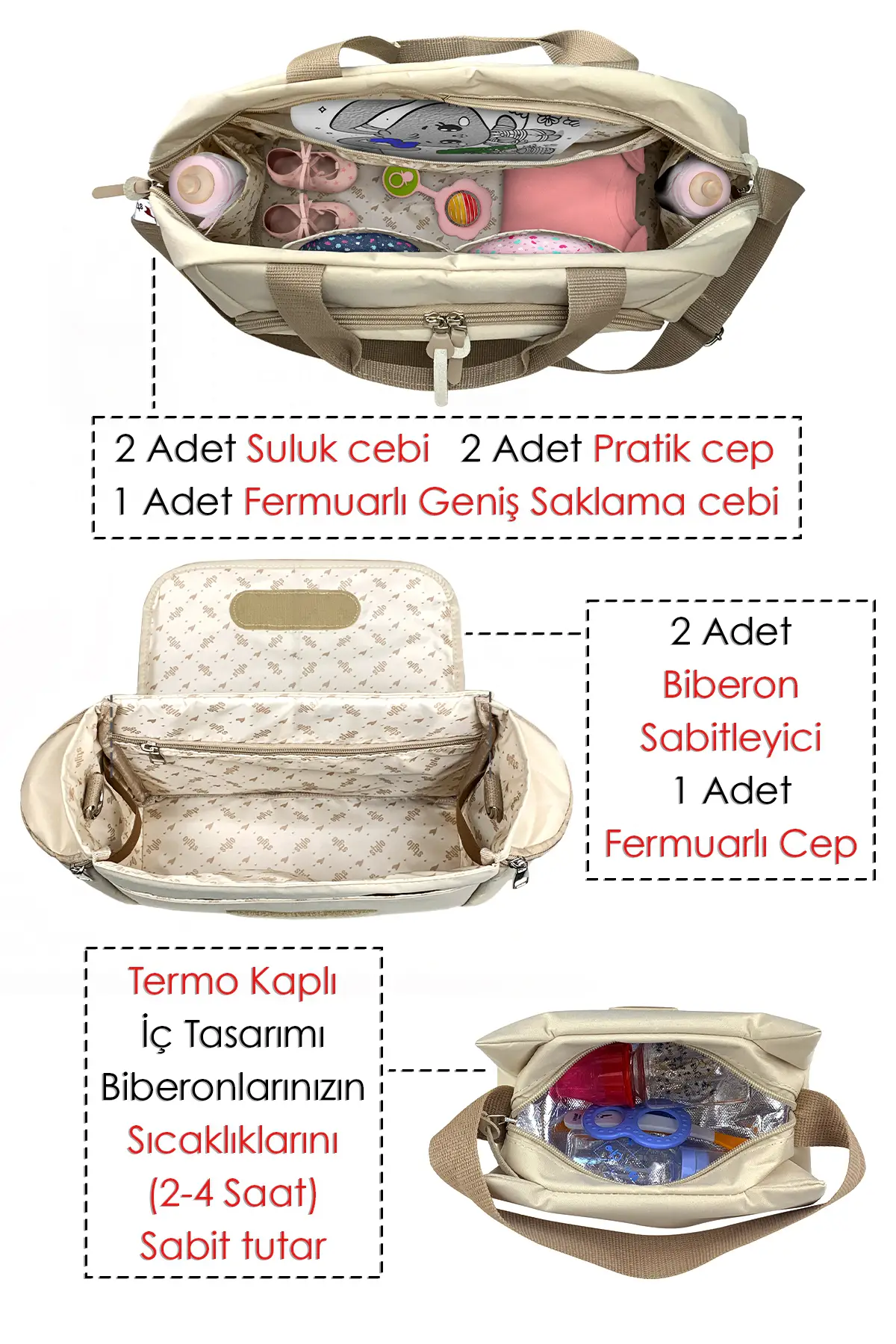 3'lü Set Popi Anne Bebek Bakım Sırt Çantası&Urban Anne Bebek Omuz Çantası ve Termos Çanta-( BEJ )