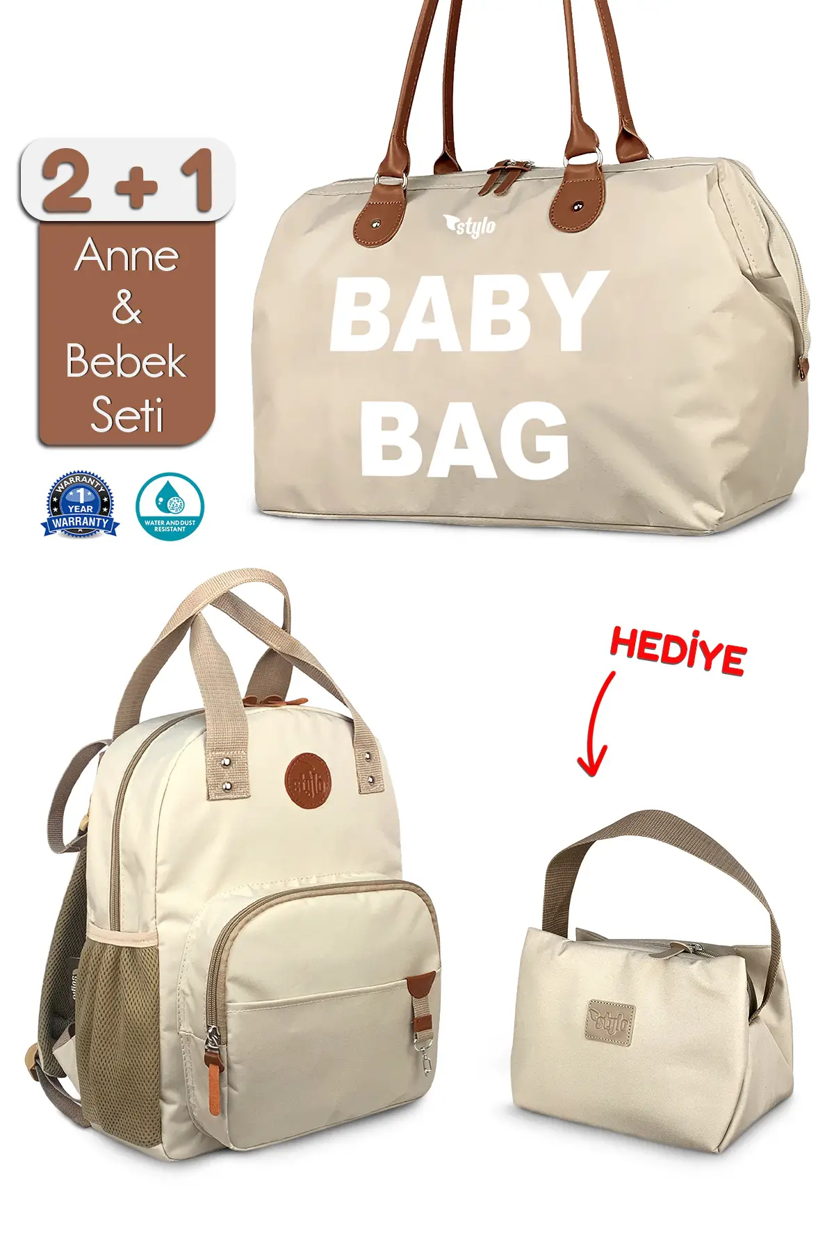Stylo Baby Bag Bebek Bakım Kadın Omuz Çantası + Popi Anne Kadın Sırt Çantası Termos Çanta Hediye-Bej