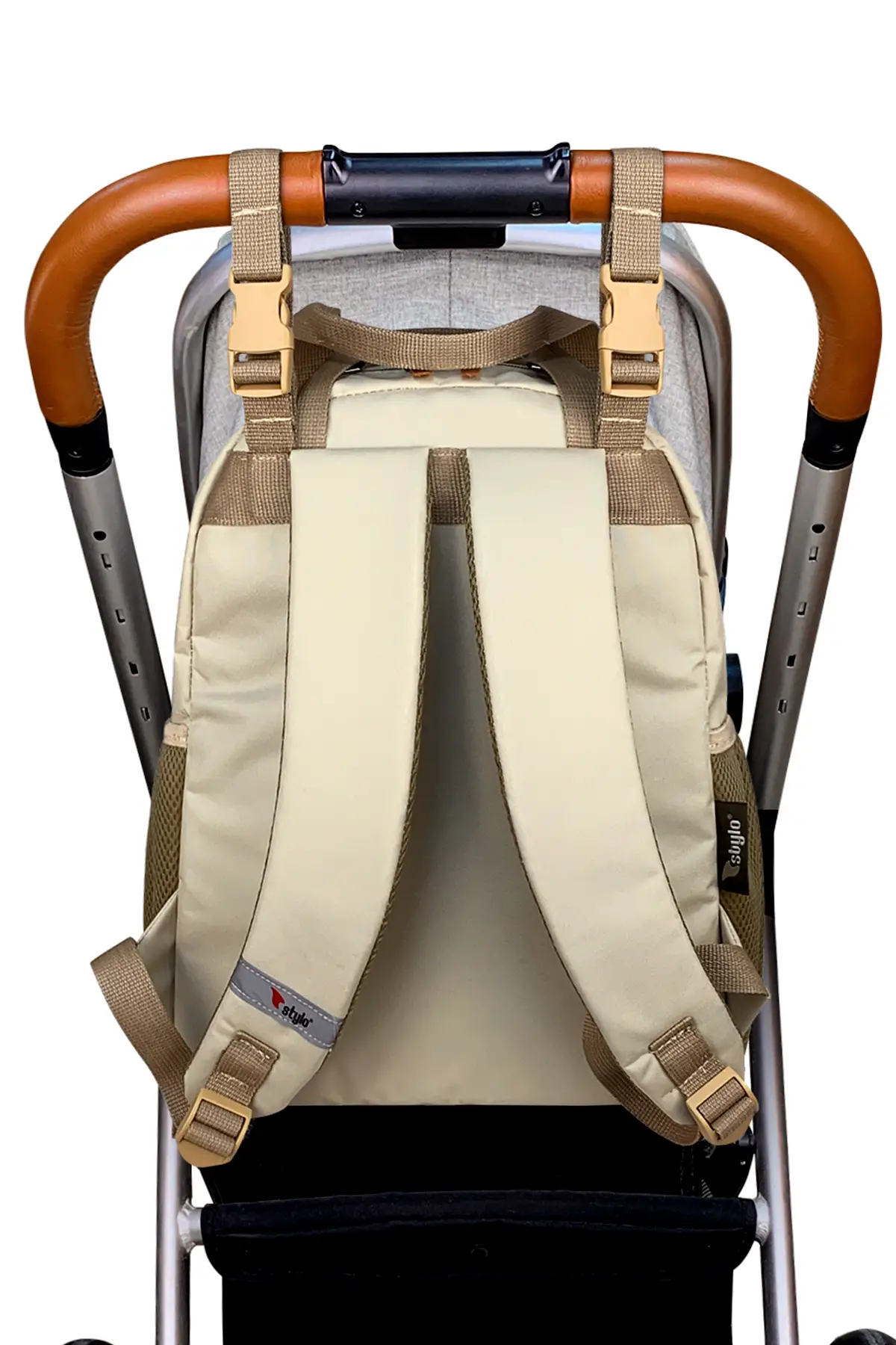 Stylo Baby Bag Bebek Bakım Kadın Omuz Çantası + Popi Anne Kadın Sırt Çantası Termos Çanta Hediye-Bej