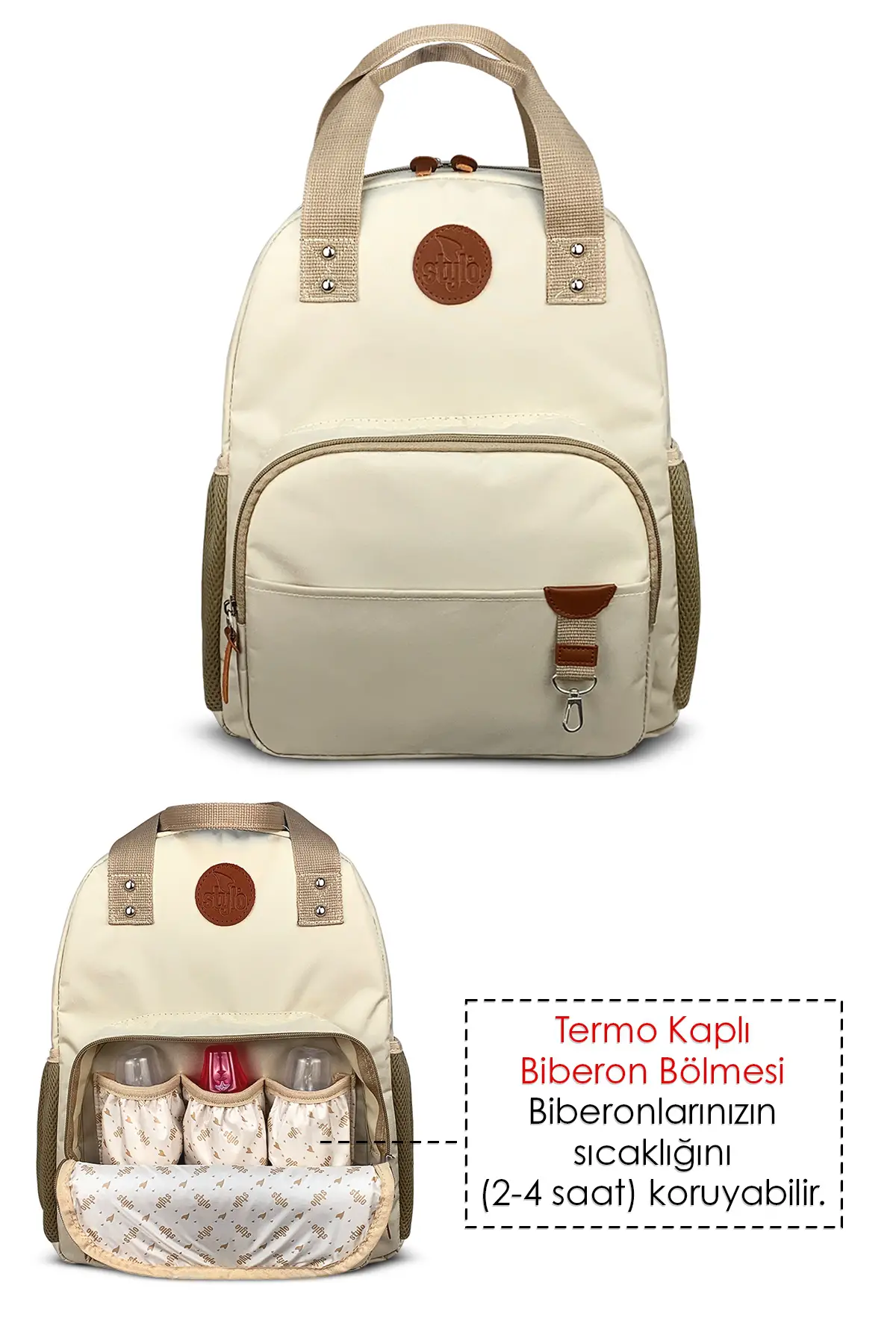 Stylo Baby Bag Bebek Bakım Kadın Omuz Çantası + Popi Anne Kadın Sırt Çantası Termos Çanta Hediye-Bej