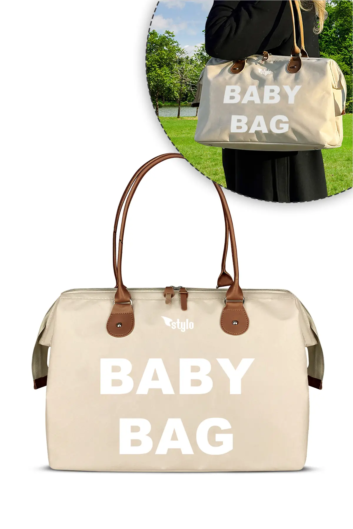 Stylo Baby Bag Bebek Bakım Kadın Omuz Çantası + Popi Anne Kadın Sırt Çantası Termos Çanta Hediye-Bej