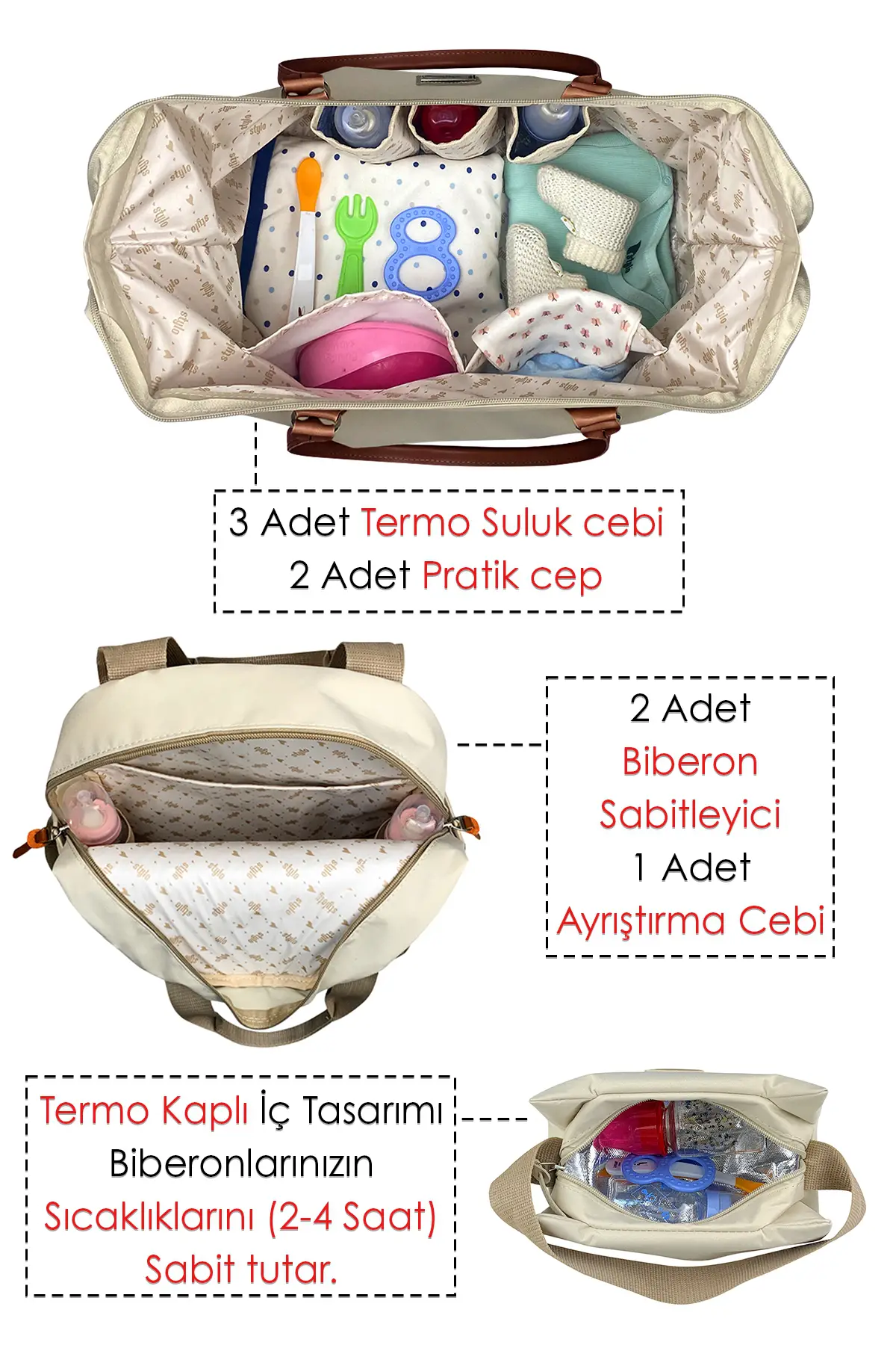 Stylo Baby Bag Bebek Bakım Kadın Omuz Çantası + Popi Anne Kadın Sırt Çantası Termos Çanta Hediye-Bej