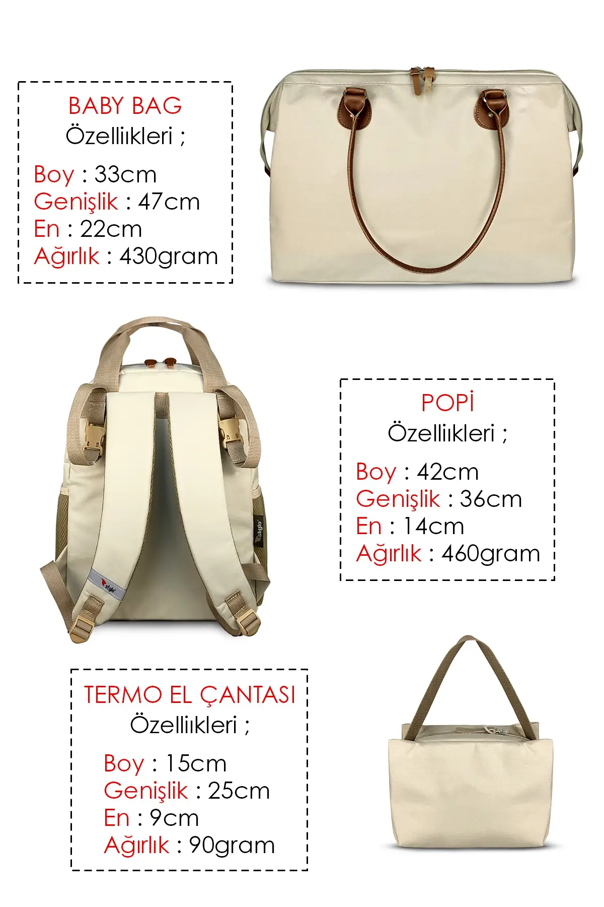 Stylo Baby Bag Bebek Bakım Kadın Omuz Çantası + Popi Anne Kadın Sırt Çantası Termos Çanta Hediye-Bej