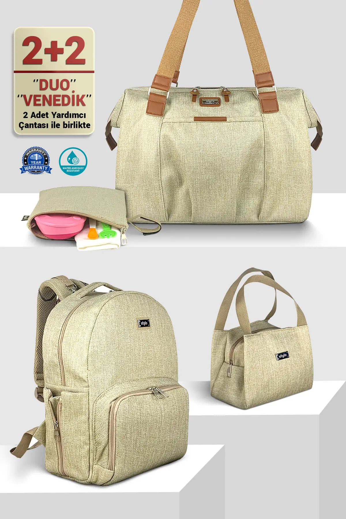 Anne Bebek Bakım Kadın Omuz Çantası Venedik & Duo Anne Bebek Bakım Sırt Çantası Takım-Bej