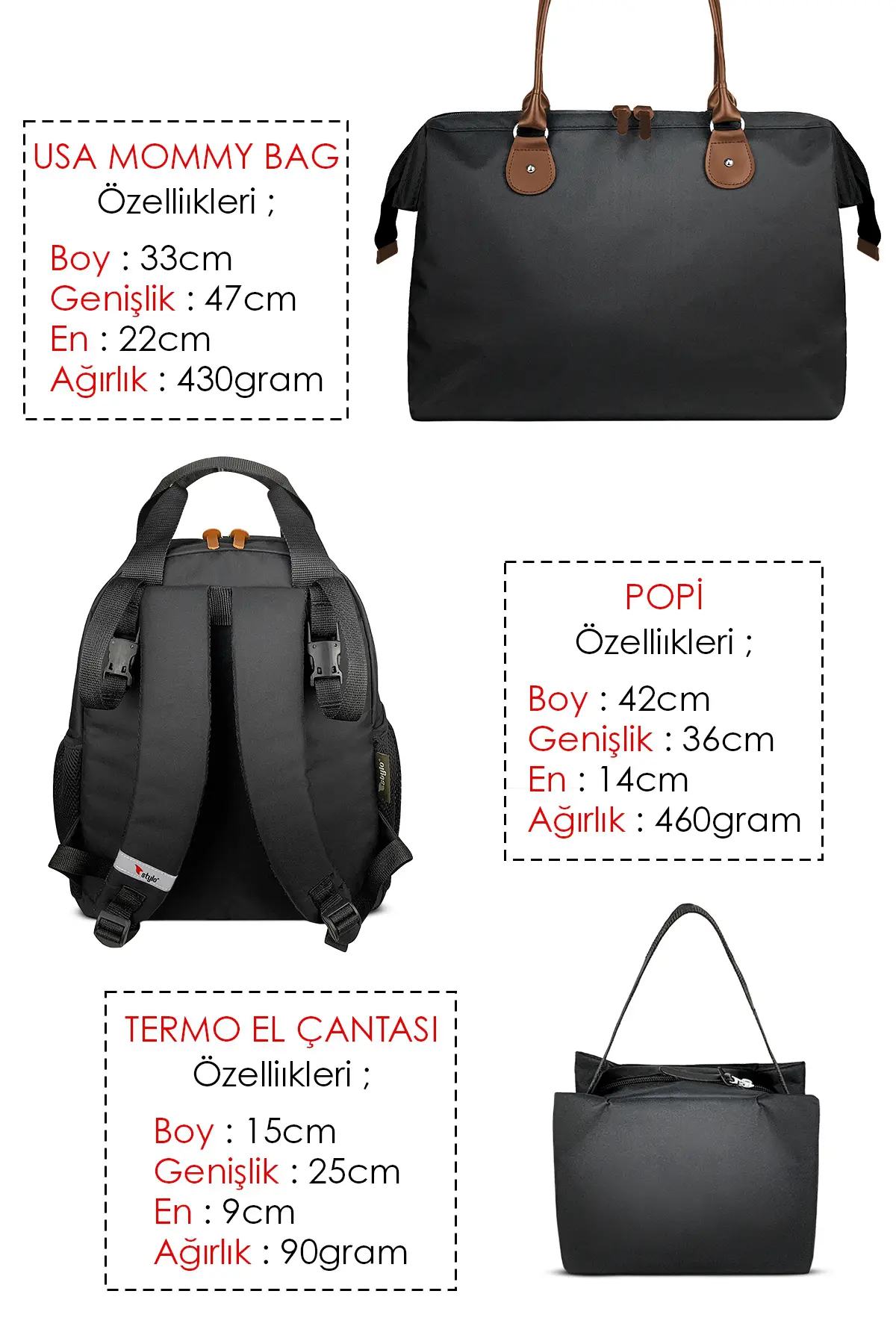 Stylo Mommy Bag Bebek Bakım Kadın Omuz Çantası + Popi Anne Kadın Sırt Çantası Termos Çanta Hediye-Si