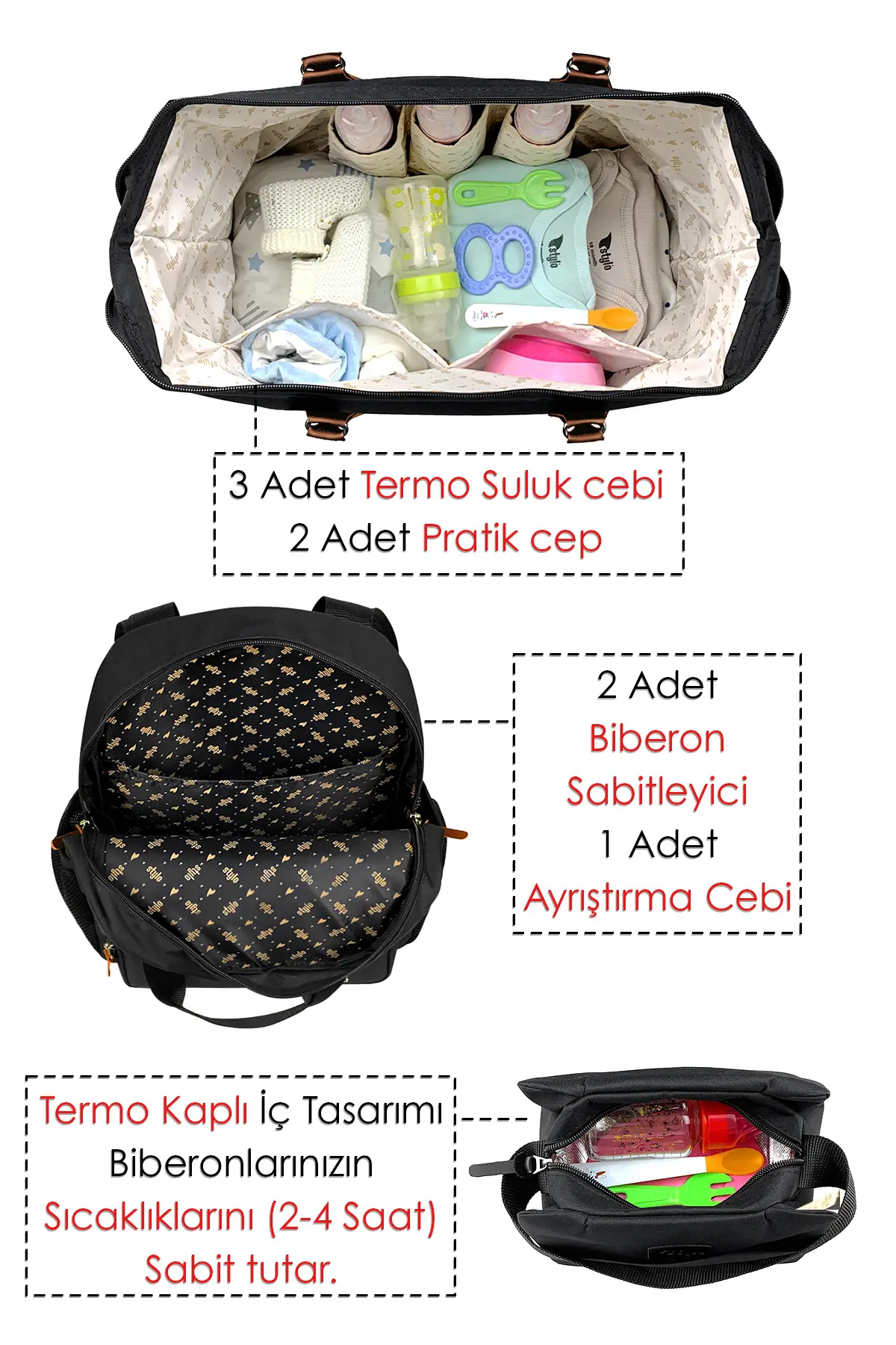 Stylo Mommy Bag Bebek Bakım Kadın Omuz Çantası + Popi Anne Kadın Sırt Çantası Termos Çanta Hediye-Si