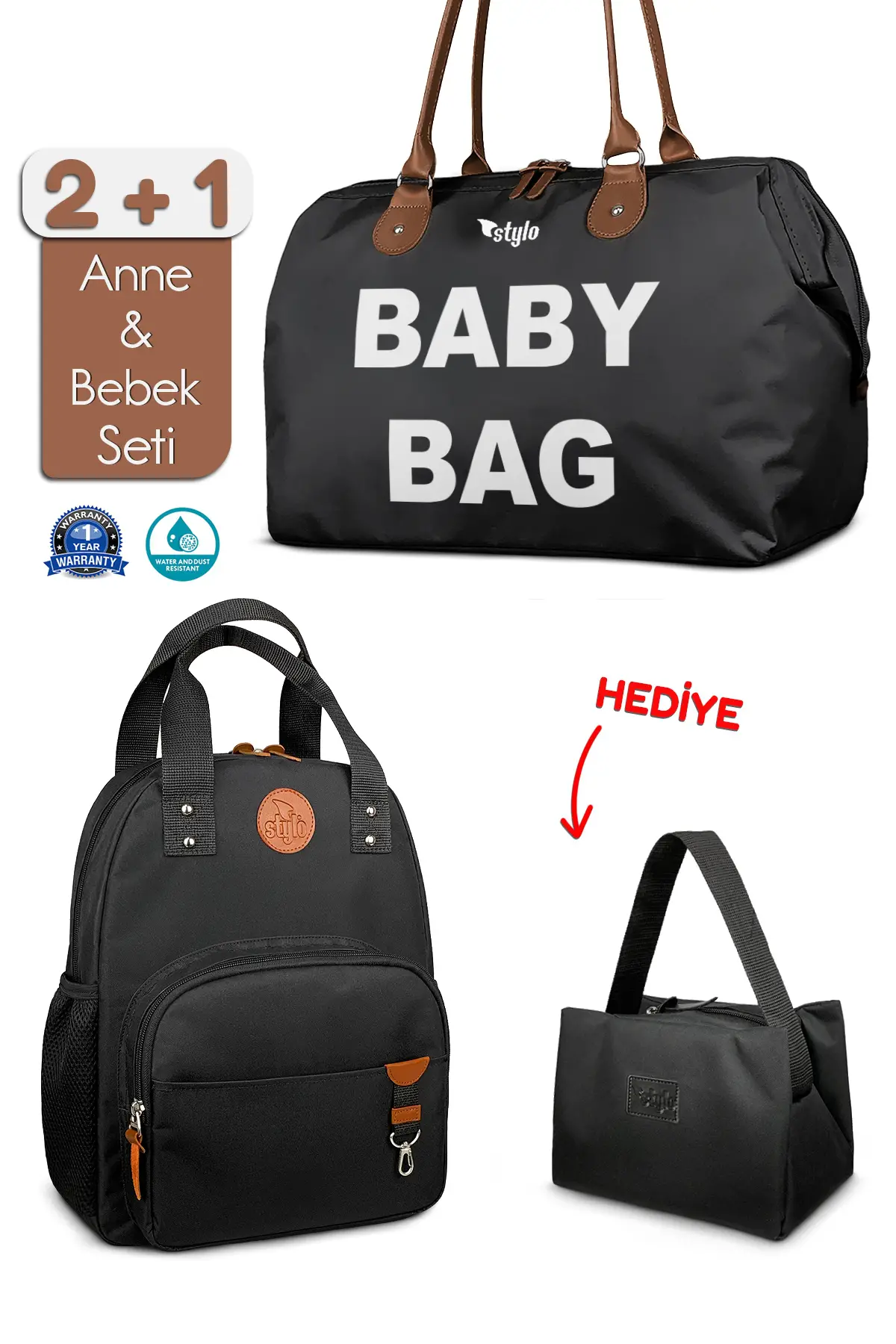 Stylo Baby Bag Bebek Bakım Kadın Omuz Çantası + Popi Anne Kadın Sırt Çantası Termos Çanta Hediye-Siy