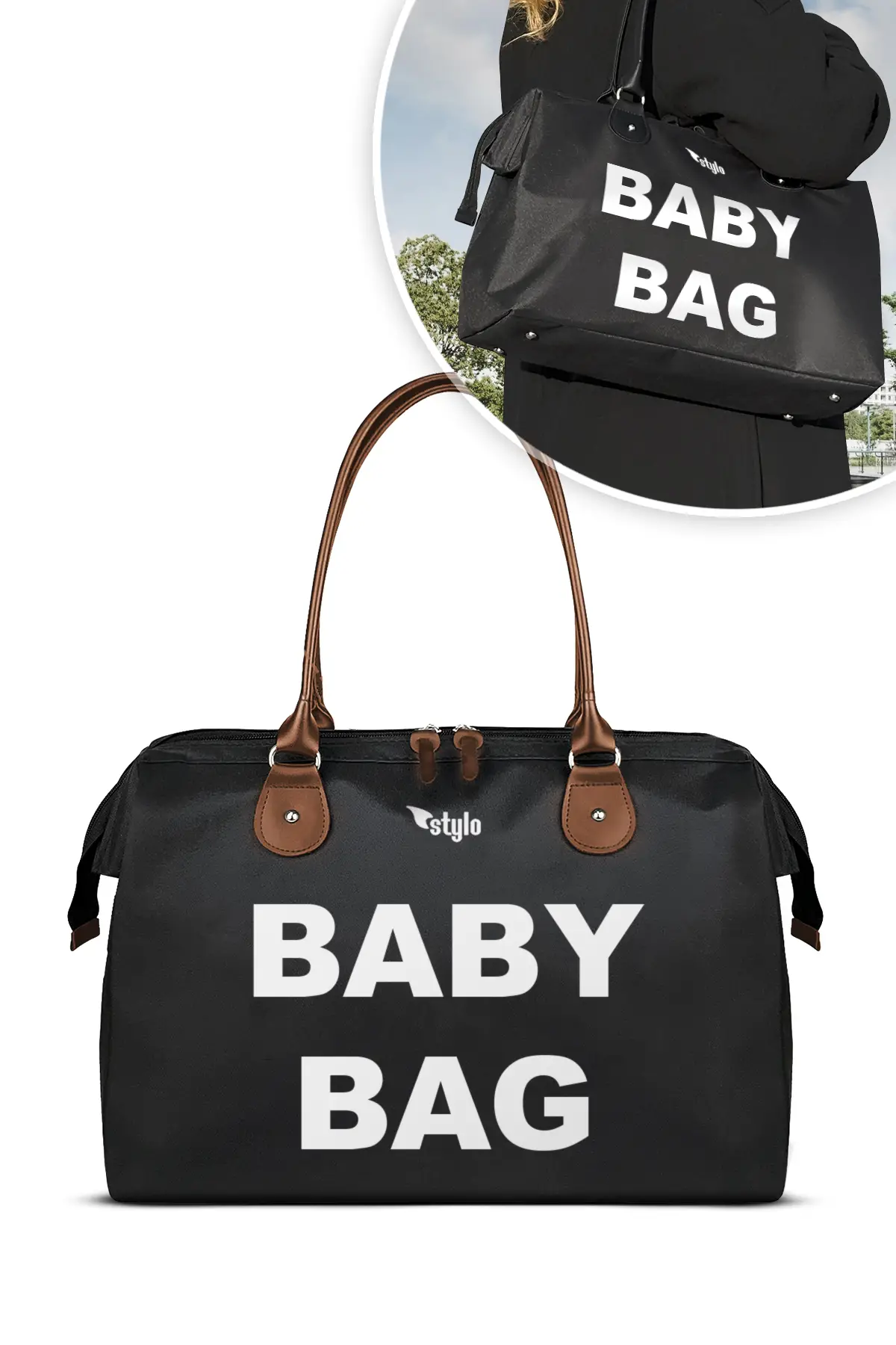 Stylo Baby Bag Bebek Bakım Kadın Omuz Çantası + Popi Anne Kadın Sırt Çantası Termos Çanta Hediye-Siy