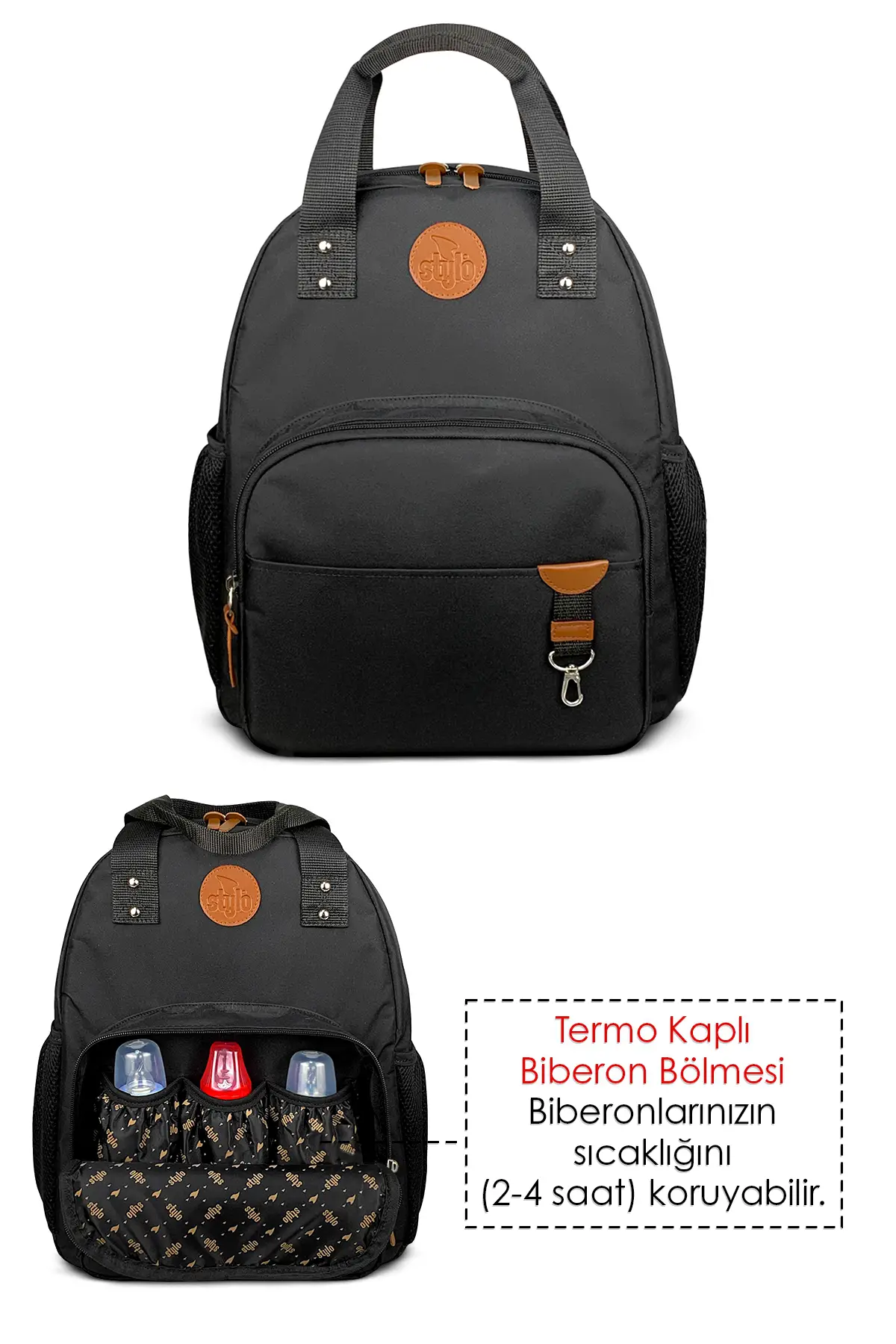 Stylo Baby Bag Bebek Bakım Kadın Omuz Çantası + Popi Anne Kadın Sırt Çantası Termos Çanta Hediye-Siy