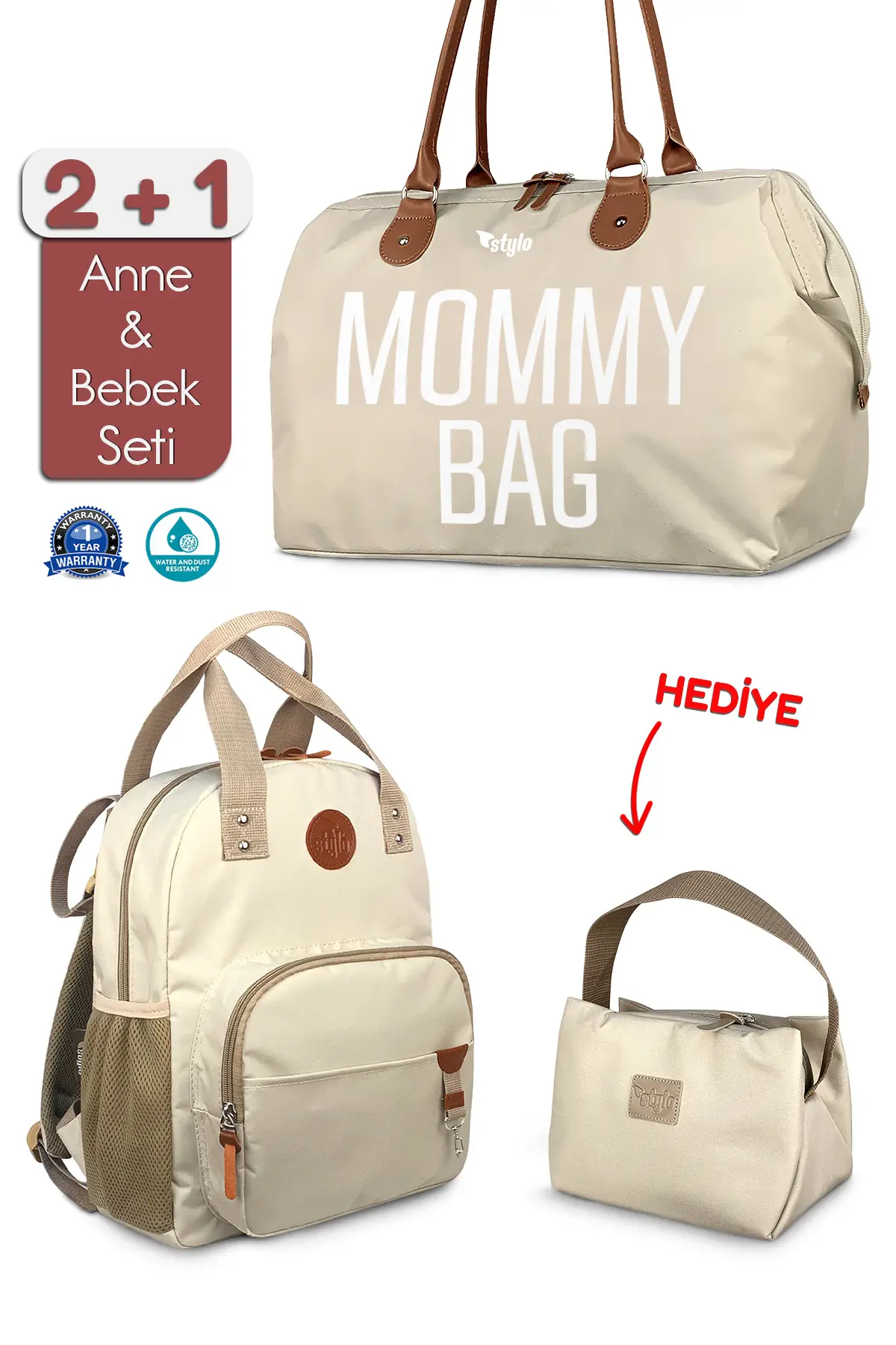 Stylo Mommy Bag Bebek Bakım Kadın Omuz Çantası + Popi Anne Kadın Sırt Çantası Termos Çanta Hediye-Bej