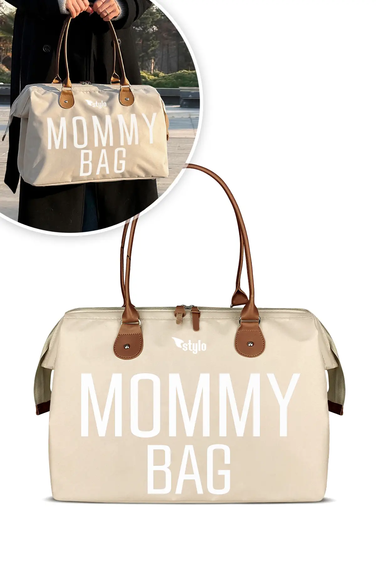 Stylo Mommy Bag Bebek Bakım Kadın Omuz Çantası + Popi Anne Kadın Sırt Çantası Termos Çanta Hediye-Be