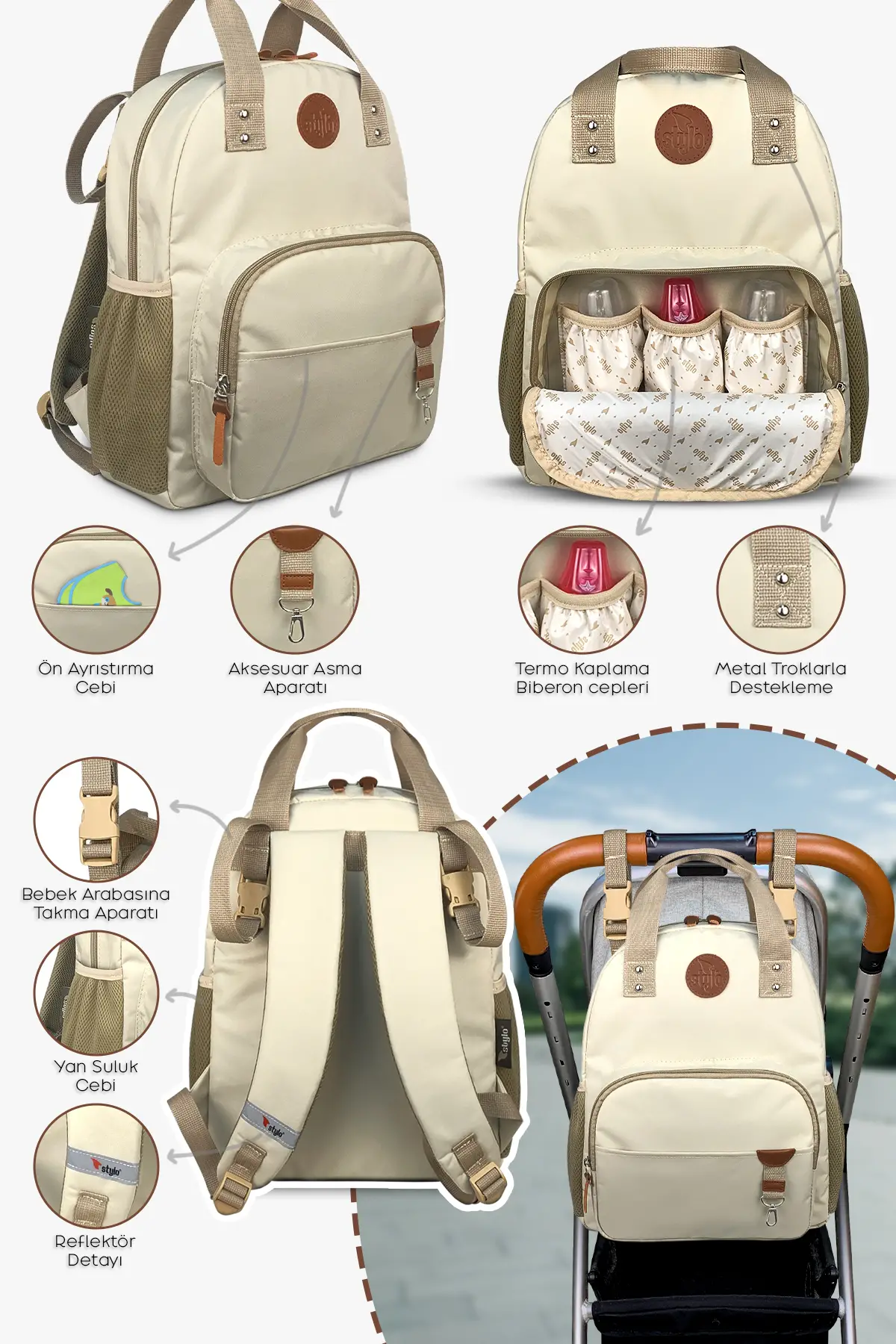 3'lü Set Popi Anne Bebek Bakım Sırt Çantası&Urban Anne Bebek Omuz Çantası ve Termos Çanta-( BEJ 