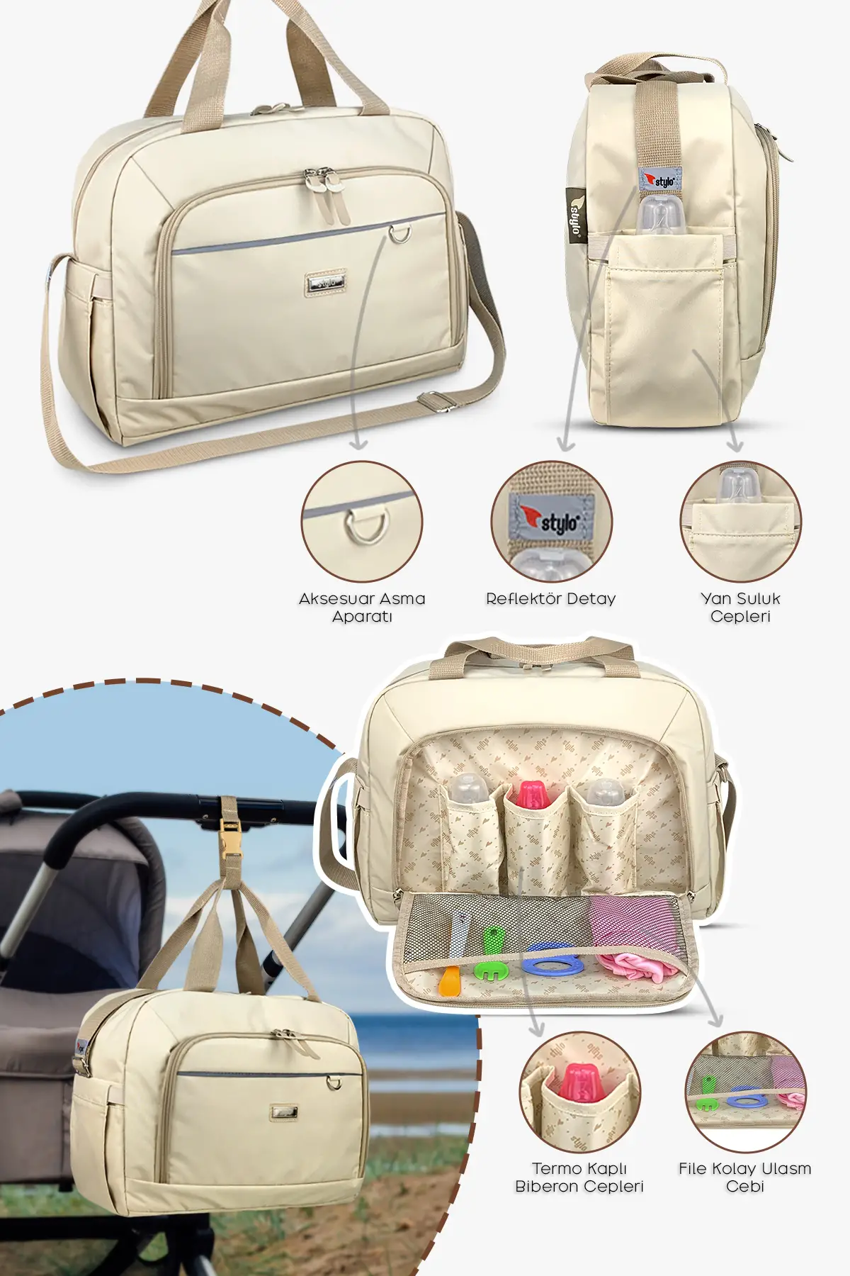 3'lü Set Popi Anne Bebek Bakım Sırt Çantası&Urban Anne Bebek Omuz Çantası ve Termos Çanta-( BEJ 