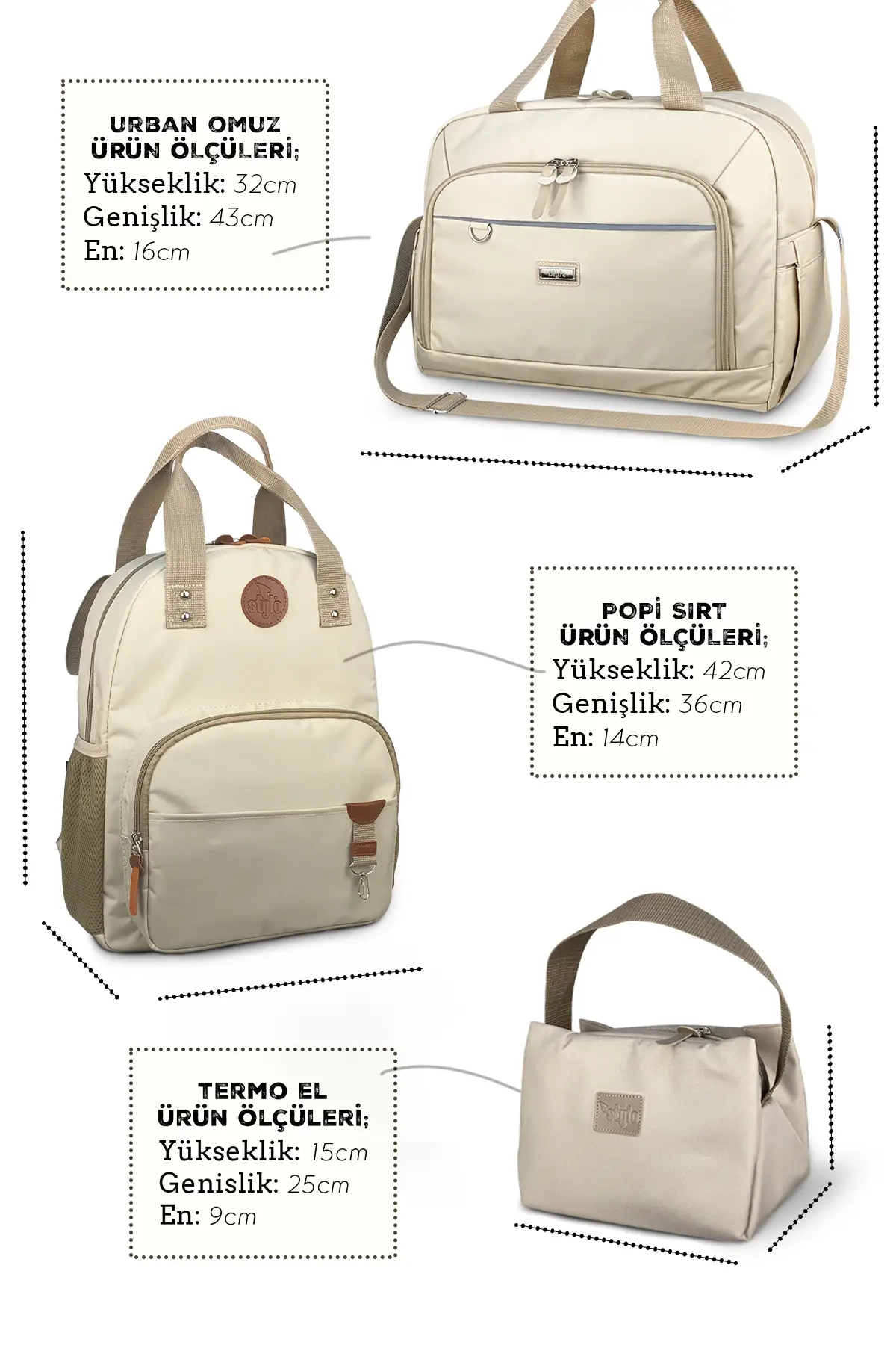 3'lü Set Popi Anne Bebek Bakım Sırt Çantası&Urban Anne Bebek Omuz Çantası ve Termos Çanta-( BEJ 