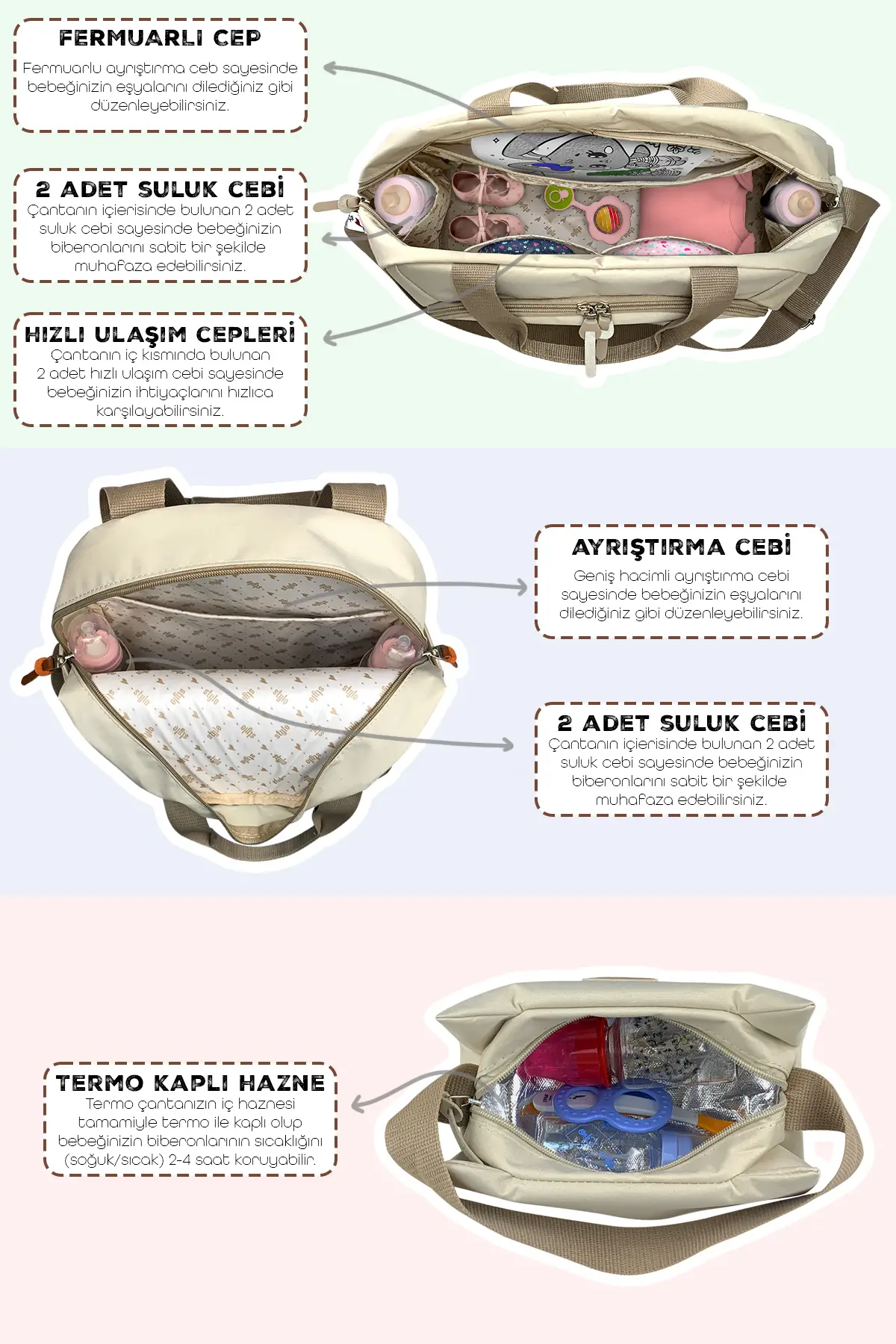 3'lü Set Popi Anne Bebek Bakım Sırt Çantası&Urban Anne Bebek Omuz Çantası ve Termos Çanta-( BEJ 